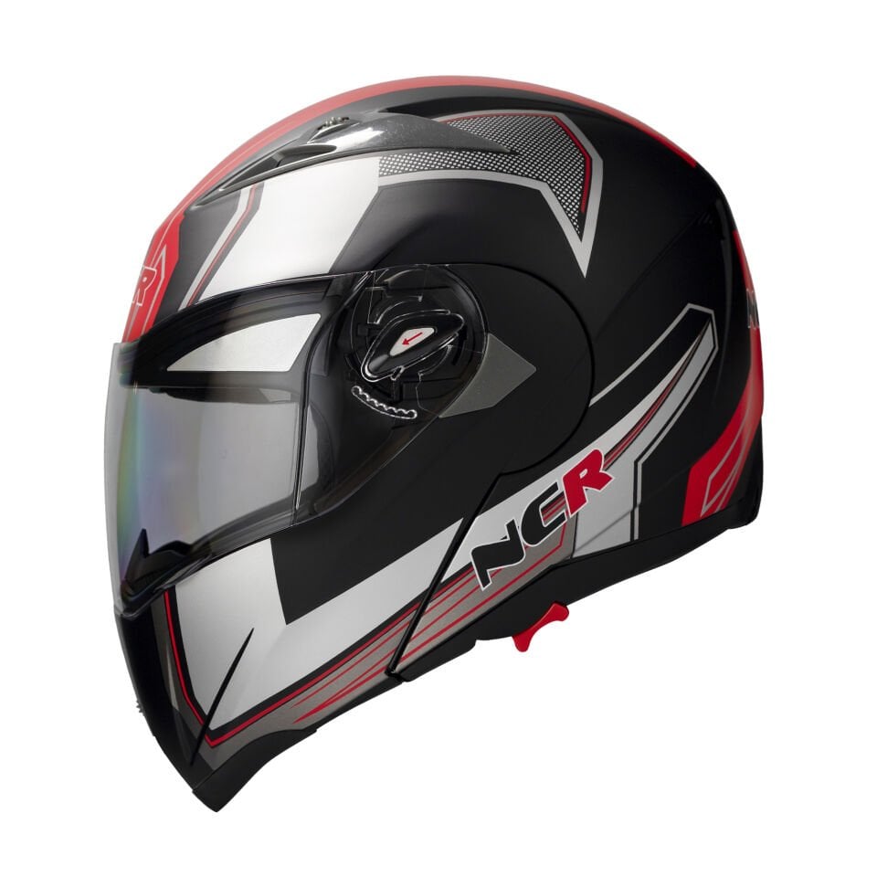 KASK NCR-158 ÇENE AÇILIR GÖZLÜKLÜ E-CE BELGELİ-KIRMIZI GRAFİK